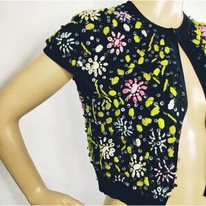 Black Silk Blend Embroidered Cardigan Size S Dainty Feminine Statement Unique